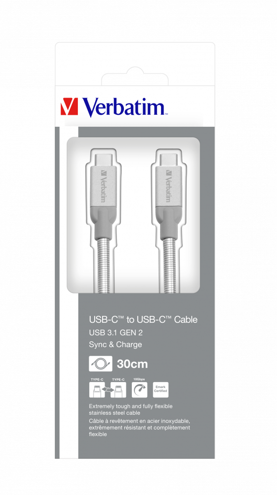 USB-C to USB-C Cable Stainless Steel Sync & Charge USB 3.1 GEN 2 - 30cm