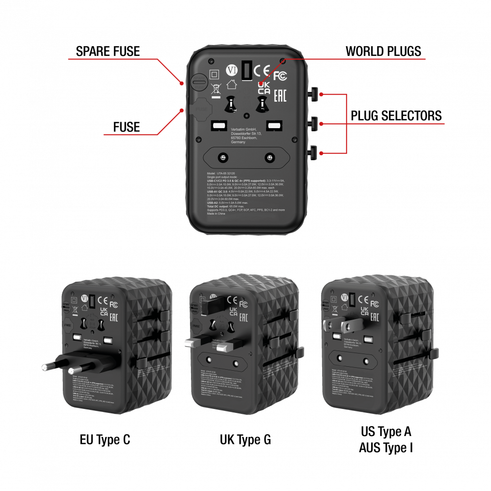 GaN III Universal Travel Adapter UTA-05 with 2 x USB-C PD & QC 4+ & 2 x USB-A ports